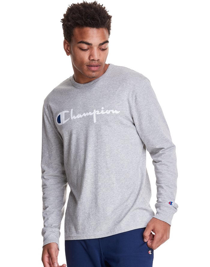 Champion Mens T-Shirt NZ - Long-Sleeve Lightweight Script Logo Grey ( 3946-RMJYH )